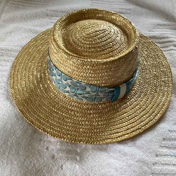 Coach Raffia Brimmed Hat With Silk Scarf Natural SZ S main image 6